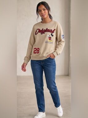 Disney Mickey Mouse "Original 28" Crewneck Sweatshirt Tan XS Freeze Patch Sleeve